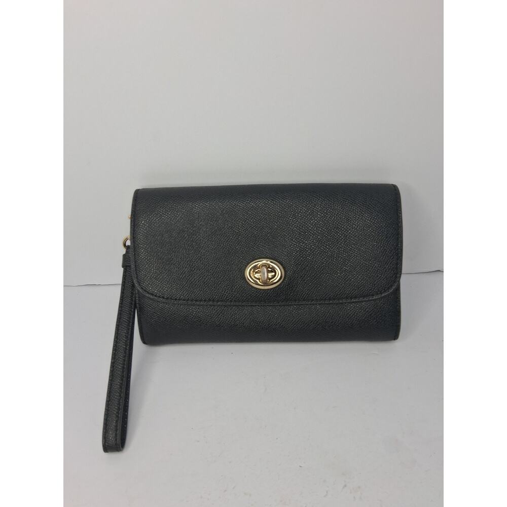 VTG Coach Black Crossgrain Leather Wristlet Wallet Zip Around Clutch Gold Tone